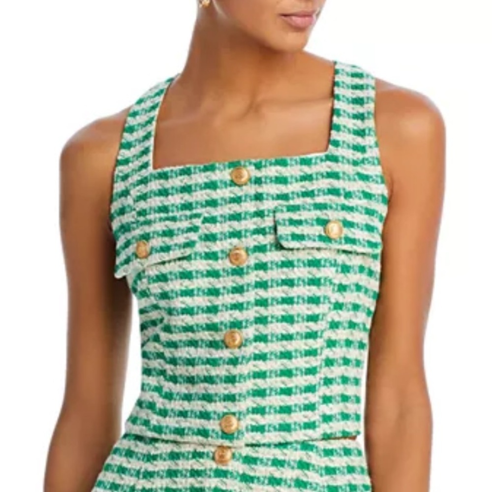 Bloomingdale’s Aqua Houndstooth Green Cream Gold Sleeveless Crop Top Sz XS